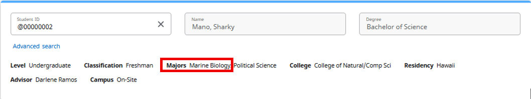 Your primary major can be found on your Degree Works in the header. If you have multiple majors, then your primary major will be listed first. To locate that information, please refer to the image below.